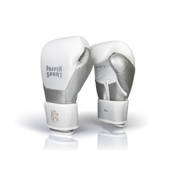 Boxerské rukavice CONTACT SHIELD v bielej farbe pre tréning a sparing, ergonomický tvar a pevná ochrana rúk.